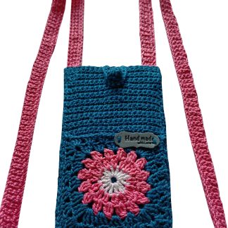 z Mobiltelefon-táska, kézzel horgolt, zsebbel a tartozékoknak SACTÉL 7 - kék-rózsaszín